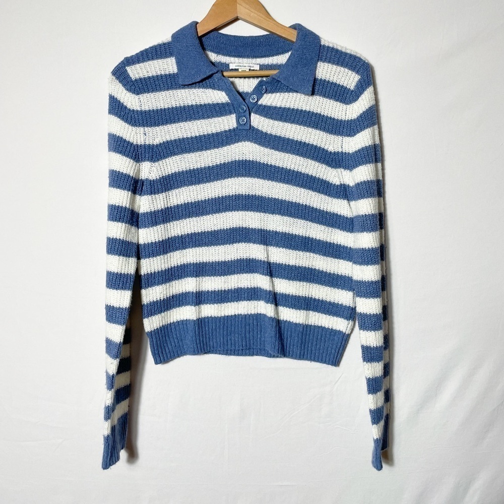American Eagle blue and white academic striped cropped and collared sweater sz.M